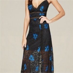 NWT Bebe Mandy Lace Maxi Dress‎ Sz 2 NEW  $179 Black Blue Prom Gown